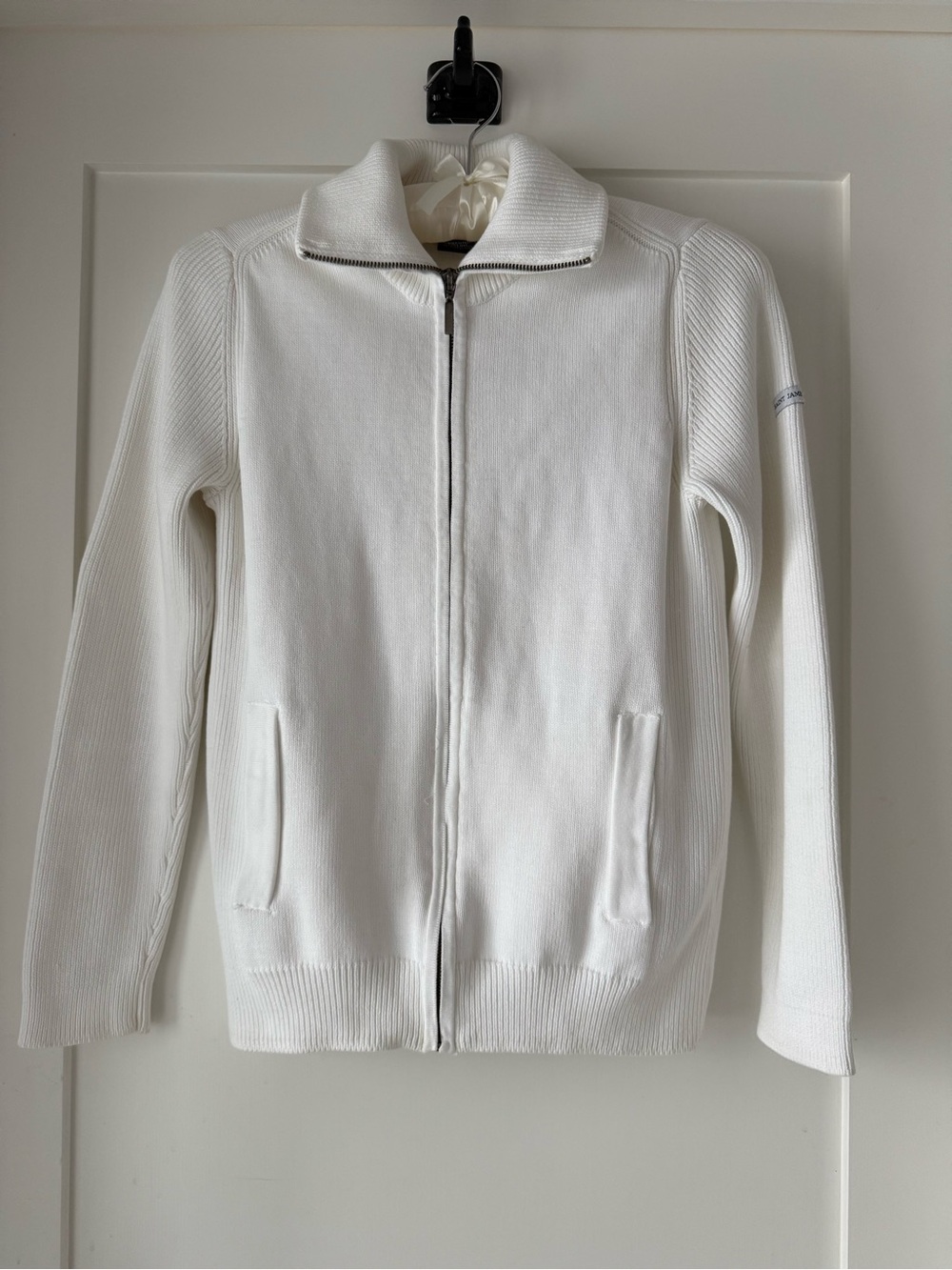 Saint James White Rib Knit Zip Up Sweater Jacket US 8 French Coastal